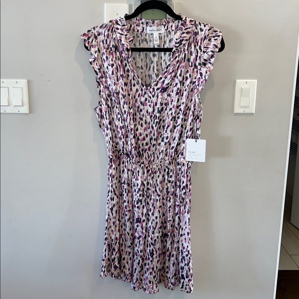 BELLA DAHL Ruffle Cap Sleeve Split Neck Minidress - Confetti NWT